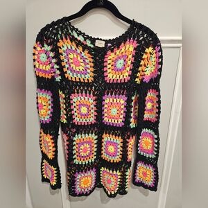 O&O Black And Neon Color Granny Square Sweater Size Small Medium